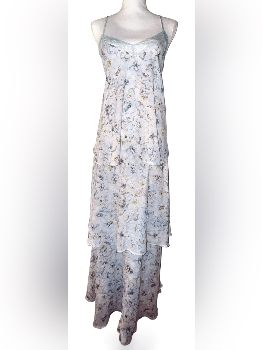 Strappy Maxi Dress in Beautiful Pastel Floral Tiered Skirt & Lace Bodice